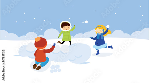 Children playing snowballs in winter