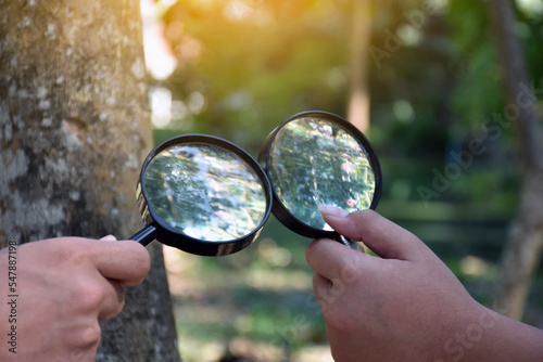 Two small black magnifying glasses holding in hands and were used during the summer camp to study microorganisms in plants and plants diseases.