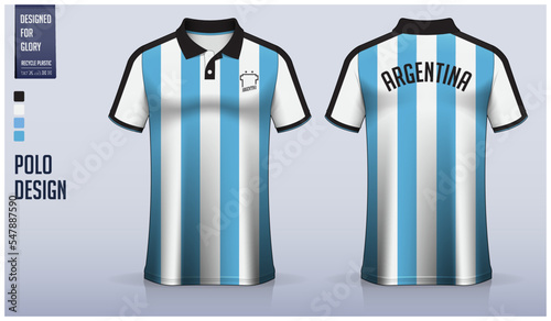 Blue stripes polo shirt mockup template design for soccer jersey, football kit, golf, tennis, sportswear. Argentina pattern.