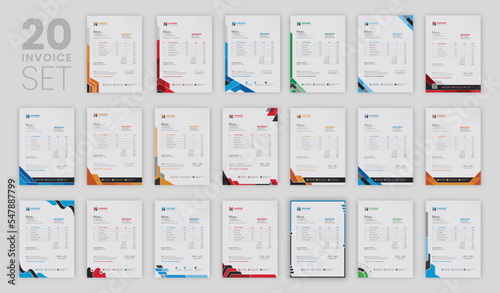 Multipurpose corporate businesses invoice template with a4 size. creative 20 corporate modern invoice design template set with blue, green, red, and yellow colors.