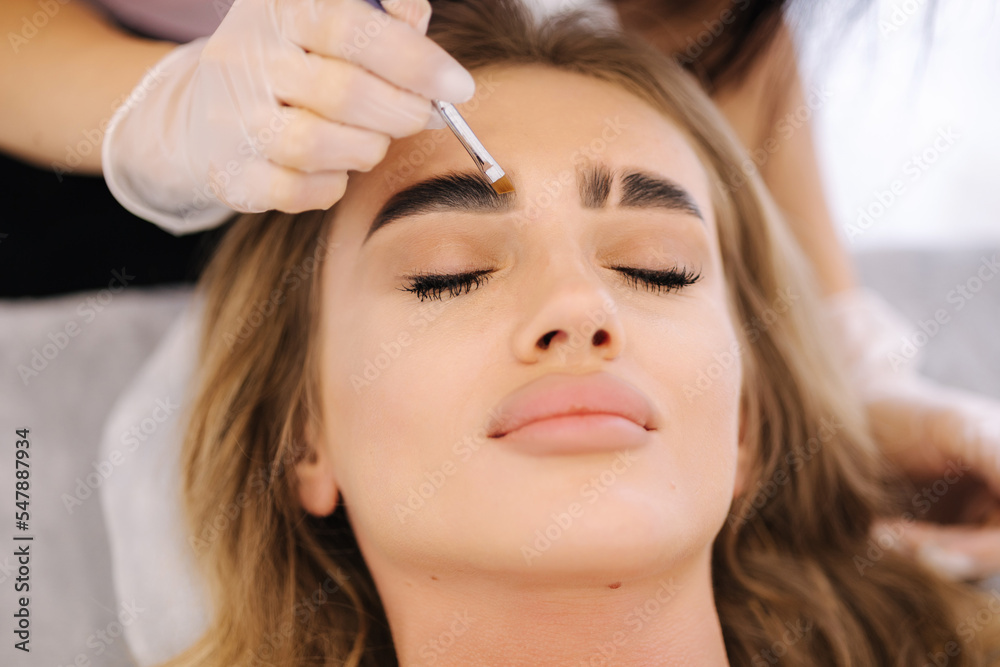 Brow master applies henna on eyebrows for beautiful blond hair woman. Fashion slyle Brow master applies henna on eyebrows for beautiful blond hair woman. Fashion slyle