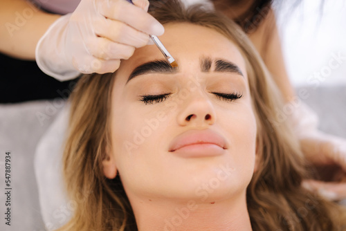 Brow master applies henna on eyebrows for beautiful blond hair woman. Fashion slyle