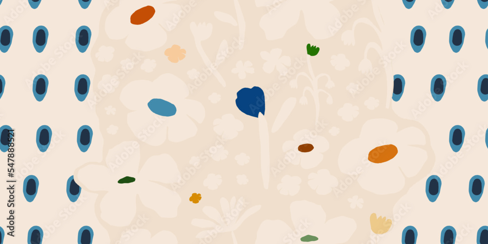 Hand drawn bright naive abstract floral print. Cute collage pattern. Fashionable template for design. Hand drawn bright naive abstract floral print. Cute collage pattern. Fashionable template for design.