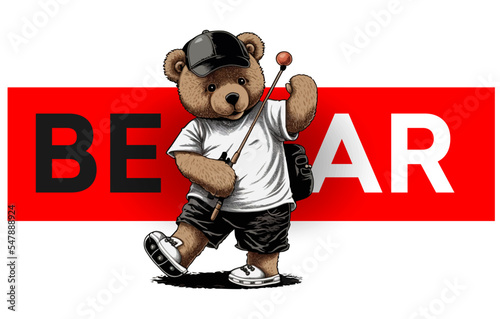 A bear in a black cap plays polo isolated on a white background. Vector illustration