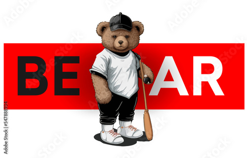 A bear in a black cap plays polo isolated on a white background. Vector illustration