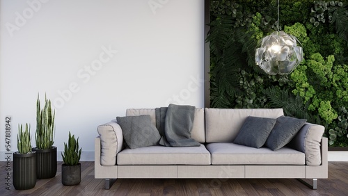 Gray sofa against the background of a phytowall. White background. Green flowers. 3d render photo