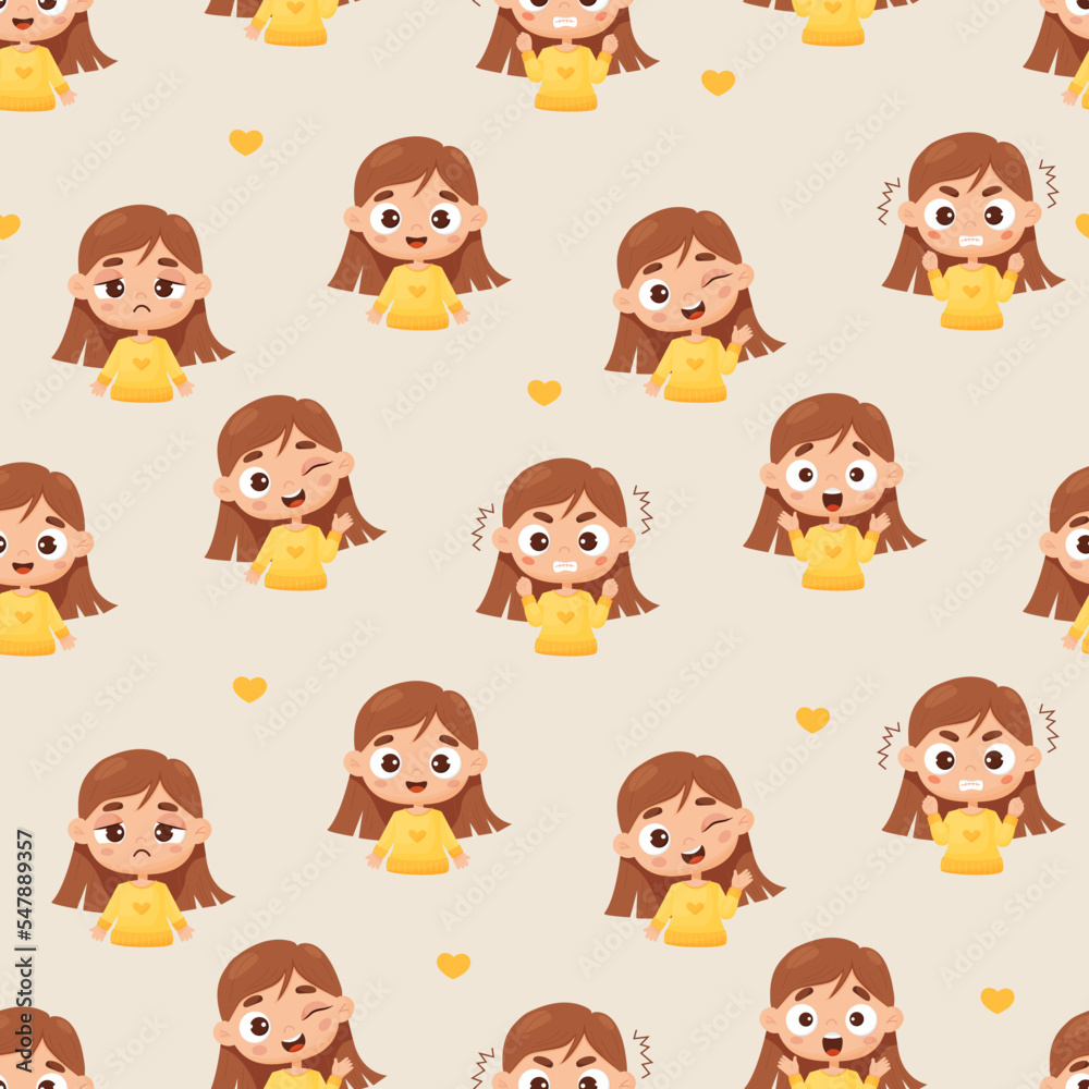 Seamless pattern with cute fair-skinned girl in cartoon style with different emotions - joy, happiness, anger, shock and tears on light yellow background. Vector illustration. Cute kids collection. Seamless pattern with cute fair-skinned girl in cartoon style with different emotions - joy, happiness, anger, shock and tears on light yellow background. Vector illustration. Cute kids collection.