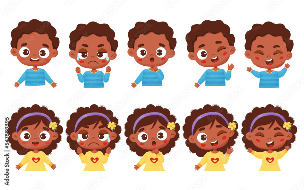Set kids emotions. Avatars portrait dark-skinned cute boy and girl with different facial expressions and feelings. Happiness, anger, smile, delight, wonder. Vector isolated illustration cartoon style. Set kids emotions. Avatars portrait dark-skinned cute boy and girl with different facial expressions and feelings. Happiness, anger, smile, delight, wonder. Vector isolated illustration cartoon style.