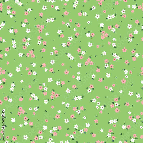 Vintage seamless floral pattern. A game-style background of small pastel-colored flowers. Small white and pink flowers scattered on a green background. Stock vector for printing on surfaces . © Алена Шенбель