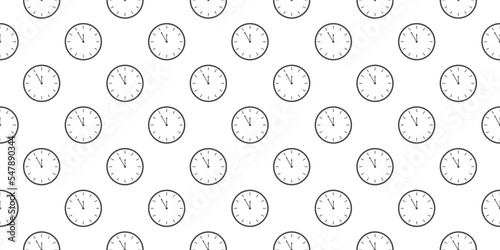 Clock icons with 5 minutes to twelve time interval seamless pattern. Countdown timer or stopwatch symbol background. Waiting midnight, New Year night print design. Vector graphic illustration