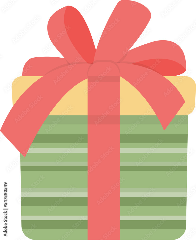 Green striped gift box with red ribbon, celebration holiday, vector cartoon style Green striped gift box with red ribbon, celebration holiday, vector cartoon style