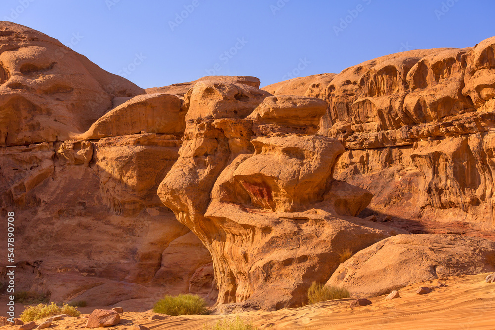 Wadi Rum, Jordan beautiful view of mountain sandstone rocks close-up