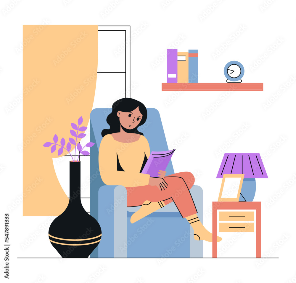 Women reading a book on the armchair and resting at home. Cozy daily life