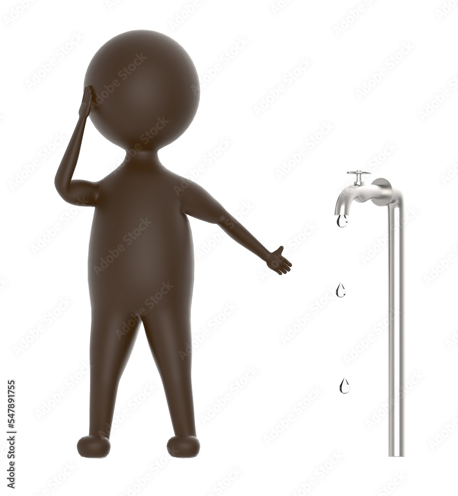 3d brown character pointing out a leaking water tap 3d brown character pointing out a leaking water tap