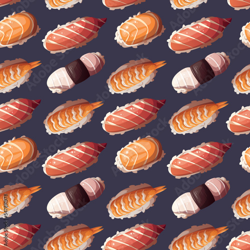 Seamless pattern with Variety of Sushi. Japanese food, healthy eating, cooking, menu, nutrition concept. Vector illustration. 