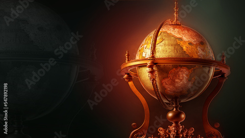 detailed old  globe with a golden frame, space for text, dark background, warm lights,generative ai