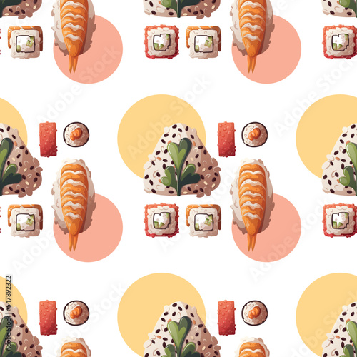 Seamless pattern with Mix of onigiri and variety of Sushi. Japanese food, healthy eating, cooking, menu, nutrition concept. Vector illustration.
