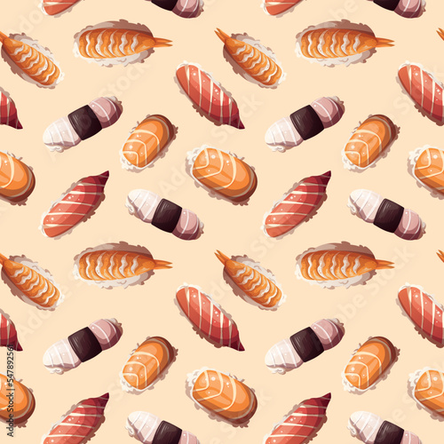 Seamless pattern with Variety of Sushi. Japanese food, healthy eating, cooking, menu, nutrition concept. Vector illustration.  © TatyanaYagudina