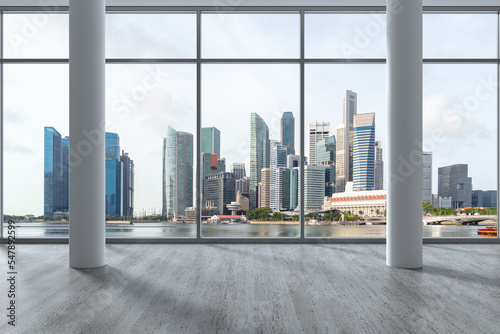 Empty room Interior Skyscrapers View. Downtown Singapore City Skyline Buildings from High Rise Window. Beautiful Expensive Real Estate overlooking. Day time. 3d rendering.