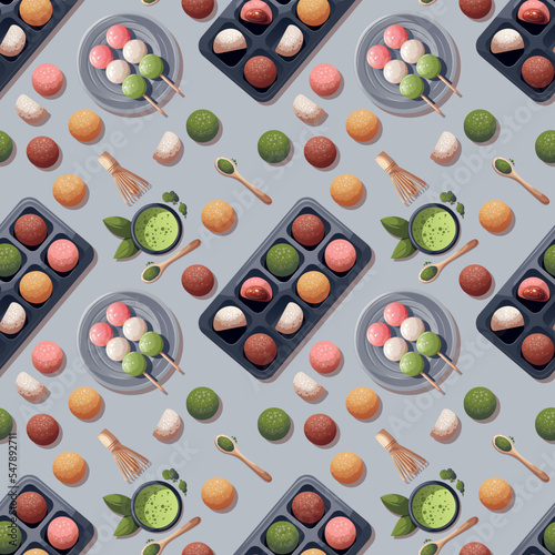 Seamless pattern with colorful Sweet Mochi, dango, matcha tea. Japanese food, healthy eating, cooking, menu, sweet food, dessert concept. Vector illustration. 