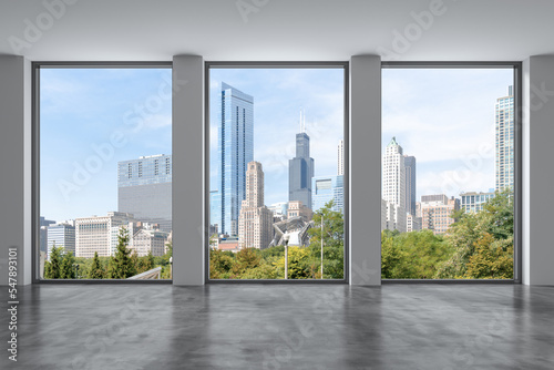 Downtown Chicago City Skyline Buildings from High Rise Window. Beautiful Expensive Real Estate overlooking. Epmty room Interior Skyscrapers View in Penthouse Cityscape. Day time. 3d rendering.