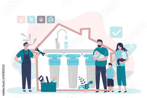 Specialist plumber installs liquid filters in house. Worker with tools installs system of aqua purification for family with children. Home water treatment.