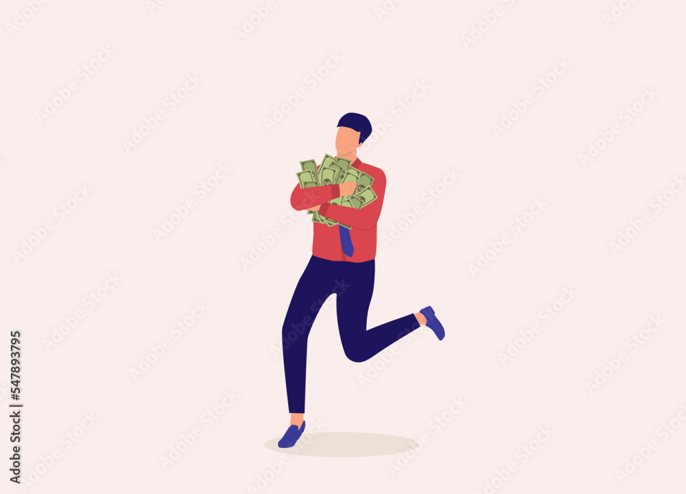One Businessman Running Away With A Bunch Of Cash Money. Full Length. Flat Design Style, Character, Cartoon.