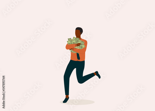 One Black Businessman Running Away With A Bunch Of Cash Money. Full Length. Flat Design Style, Character, Cartoon.