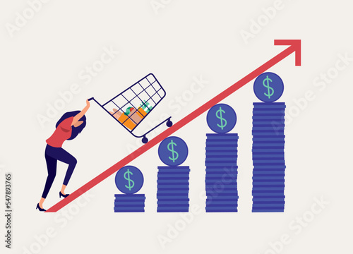 Cost Of Living Rising Concept. Woman In Difficulty Pushing Her Shopping Cart Up To The Steep Arrow. Full Length. Flat Design Style, Character, Cartoon.