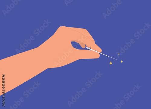 Close-Up View Of A Person’s Hand Holding A Needle. Close-Up. Flat Design Style, Character, Cartoon.