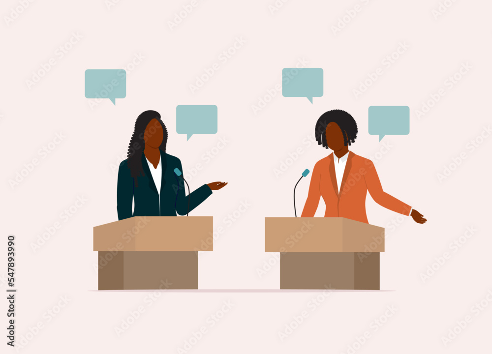 Two Black Women Politician Standing At A Podium Debating With One Another. Half Length. Flat Design, Character, Cartoon. Two Black Women Politician Standing At A Podium Debating With One Another. Half Length. Flat Design, Character, Cartoon.