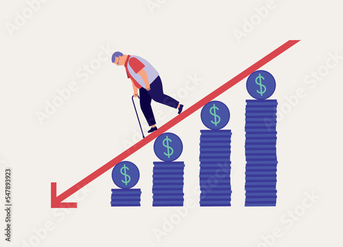 Concept Of Retirement Savings Decreasing While Aging. Senior Man With Walking Cane Walking Downwards On An Arrow. Full Length. Flat Design, Character, Cartoon.