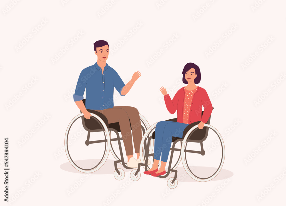 Young Couple With Wheelchair Talking With Each Another. Full Length. Flat Design, Character, Cartoon. Young Couple With Wheelchair Talking With Each Another. Full Length. Flat Design, Character, Cartoon.