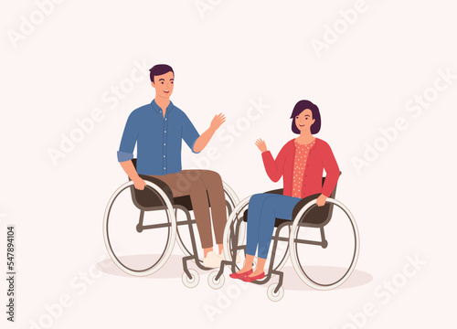 Young Couple With Wheelchair Talking With Each Another. Full Length. Flat Design, Character, Cartoon.