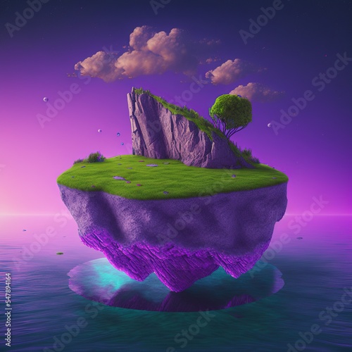 3d floating rock island with sky and clouds isolated on surrel purple background. generative ai photo