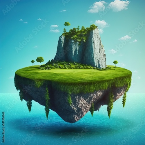 3d floating rock island with sky and clouds isolated on surrel cyan blue dusk background. generative ai photo