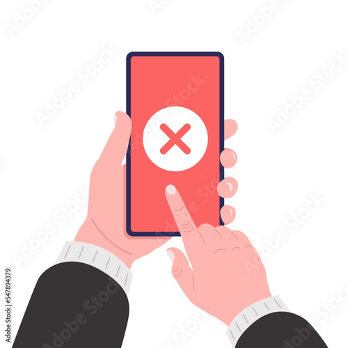 Male hand holding smartphone with red X mark on the screen. Vector illustration.