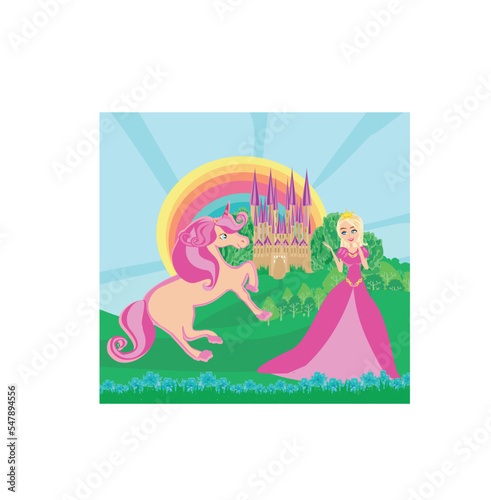 pink unicorn and beautiful queen in front of her castle