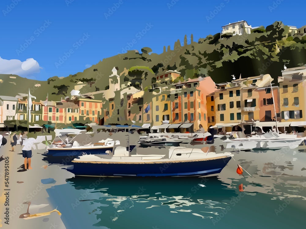 Illustrazione di arte digitale generata dall'intelligenza artificiale di costa amalfitana