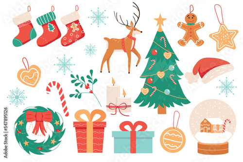 Christmas holiday isolated elements set in flat design. Vector illustration.