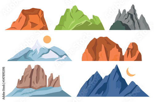 Mountains isolated elements set in flat design. Vector illustration.