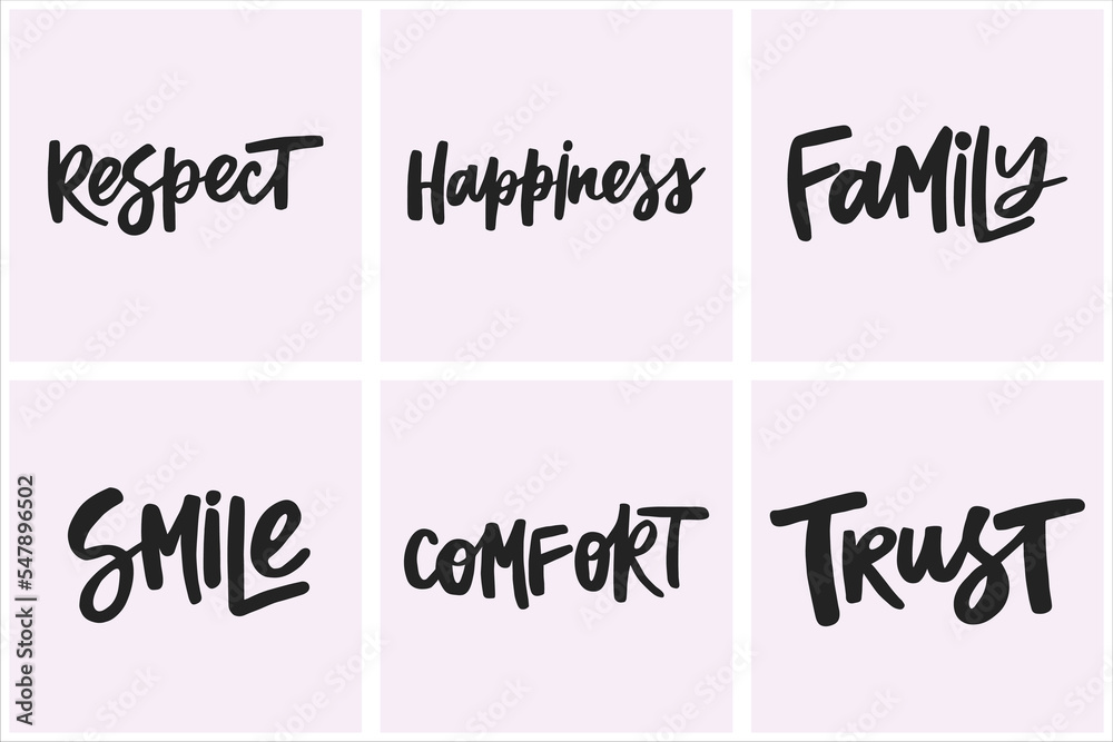 Set of handwritten words about happiness. Collection of creative calligraphy for posters, cards, etc. Set of handwritten words about happiness. Collection of creative calligraphy for posters, cards, etc.