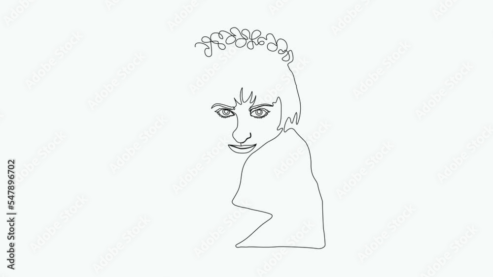 animation of a girl with a wreath on her head and a glass of beer, hand-drawn in one line animation of a girl with a wreath on her head and a glass of beer, hand-drawn in one line