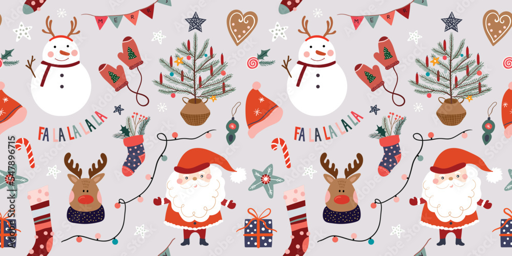 Christmas seamless pattern, wallpaper with winter design, Christmas tree, snowman and Santa, trendy seasonal wrapping paper - obrazy, fototapety, plakaty 