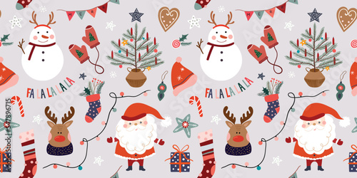 Christmas seamless pattern, wallpaper with winter design, Christmas tree, snowma Fototapet