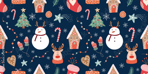 Christmas seamless pattern, wallpaper with seasonal winter design, Christmas  trendy wrapping paper with snowman and Christmas tree