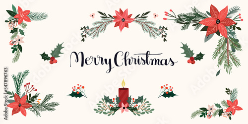 Christmas poster, banner, invitation, composition with floral decoration, borders, floral arrangements, seasonal flowers and plants, winter design. Hand drawn festive collection of elements