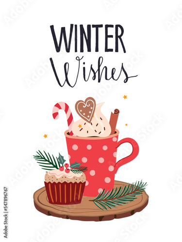 Christmas poster banner with seasonal flavored products, coffee, latte, cake, hot chocolate , muffins and different elements isolated on white and hand lettering