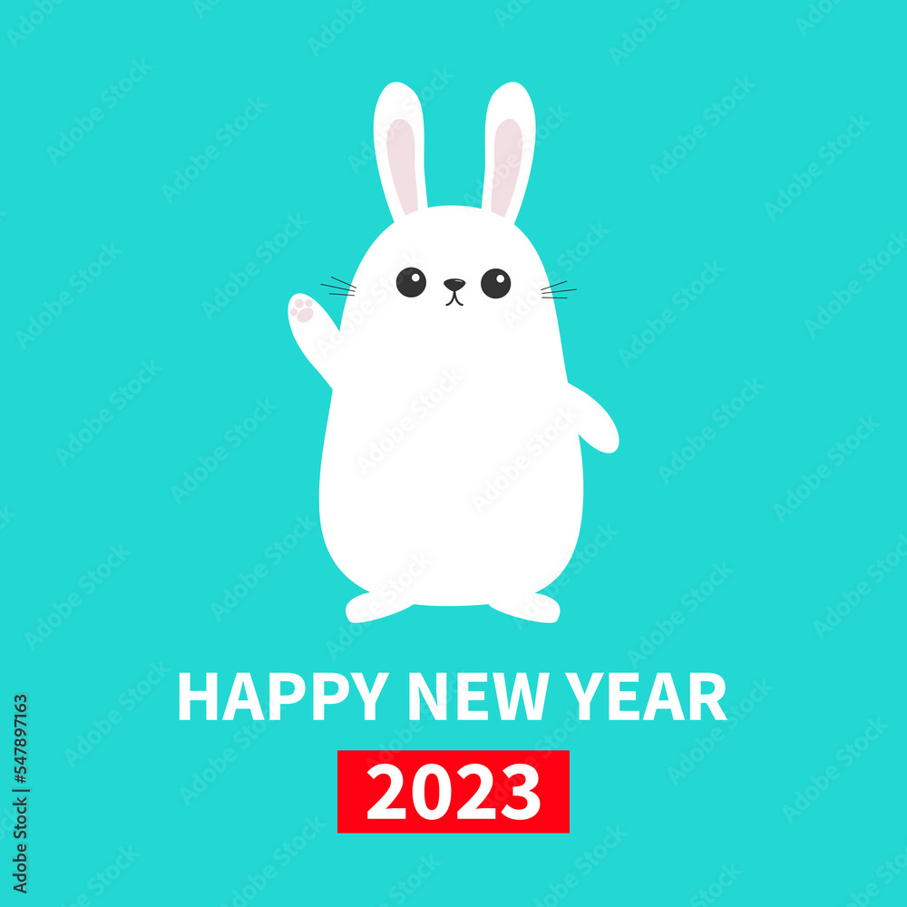 Fototapeta premium Happy Chinese New Year 2023. The year of the rabbit. White bunny waving hand. Funny head face. Big ears. Cute kawaii cartoon character. Baby greeting card Blue background. Flat design.