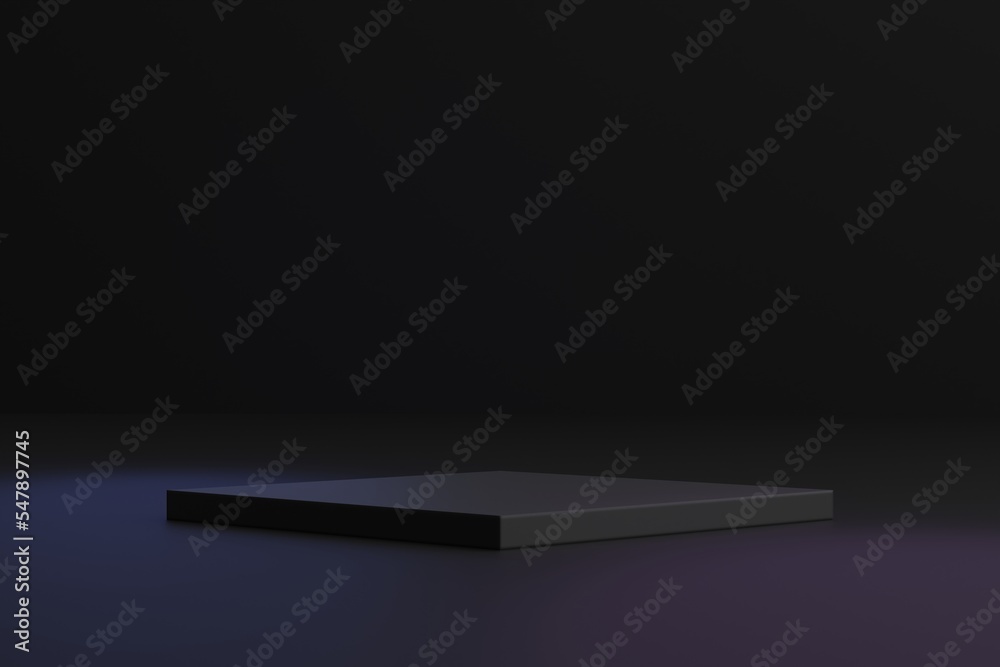 Black product background stand or podium pedestal on advertising neon light display with blank backdrops. 3D render